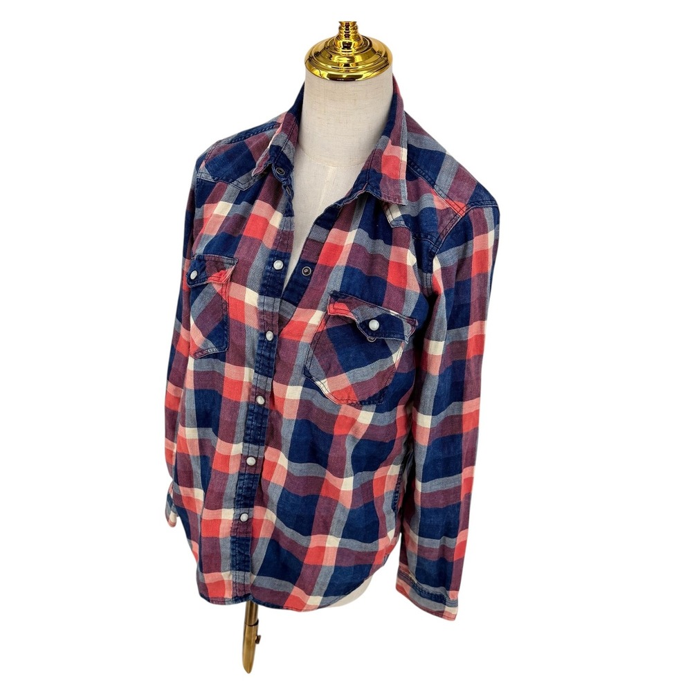 American Eagle Plaid Boyfriend Fit Western Americana Shirt S Navy Red Pearl Snap